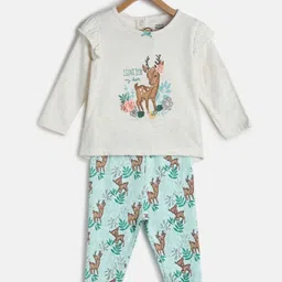 MINI KLUB Infant Girls Off White & Blue Printed Pure Cotton T-shirt with Pyjama Set-image-62