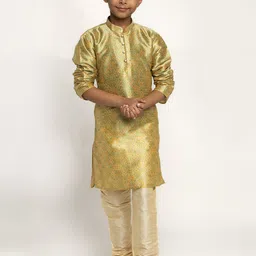KRAFT INDIA Boys Green & Gold Ethnic Motifs Printed Silk Kurta with Churidar-44