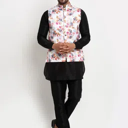 Benstoke Men Black Floral Layered Dupion Silk Kurta with Pyjamas-picture-51