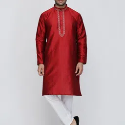 ROYAL KURTA Men Maroon Embroidered Dupion Silk Kurta with Pyjamas-37