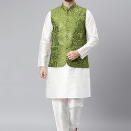 Hangup Men White Regular Dupion Silk Kurta with Churidar & Nehru Jacket-45