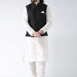 DEYANN Men Black & White Dupion Silk Kurta With Pyjamas & Nehru Jacket-picture-3