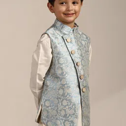 Manyavar Boys Mandarin Collar Brocade Kurta with Pyjamas and Woven Design Nehru jacket-11