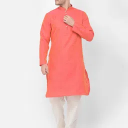 SG LEMAN Men Peach-Coloured Raw Silk Kurta with Pyjamas-picture-1
