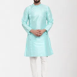 KLOTTHE Men Blue Angrakha Kurti with Pyjamas-image-99