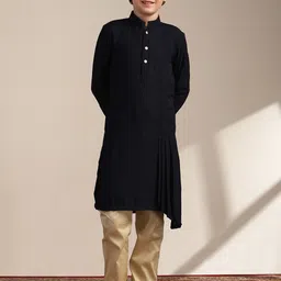 Manyavar Boys Mandarin Collar Kurta with Pyjamas and Woven Design Nehru jacket-image-44