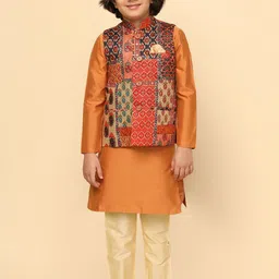 KISAH Boys Mandarin Collar Regular Kurta with Pyjamas & Nehru Jacket-7