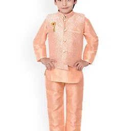 BAESD Boys Mandarin Collar Banarasi Silk Kurta With Pyjama & Waistcoat-45