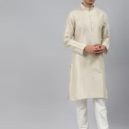 MANQ Men Cream-Coloured Embroidered Regular Kurta with Pyjamas-picture-5