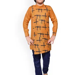 Jeetethnics Boys Yellow & Navy Blue Geometric Printed Angrakha Kurta with Churidar-33