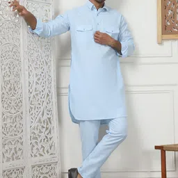 Anouk Turquoise Blue Shirt Collar Pathani Kurta with Pyjamas-18