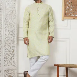 Anouk Lime Green Floral Woven Design Jacquard Weave Silk Cotton Kurta & Pyjamas-41