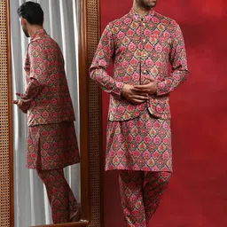 AKS Ethnic Motifs Printed Mandarin Collar Kurta with Pyjamas & Nehru Jacket-picture-5