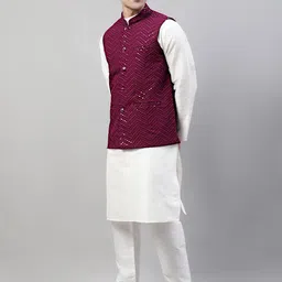 Jompers Band Collar Kurta with Pyjamas And Embellished Nehru Jacket-image-33