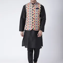 hangup plus Men Linen Kurta with Pyjamas and Printed Nehru jacket-picture-19