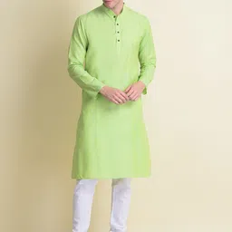 NAMASKAR Men Green Solid Cotton Linen Kurta with Pyjamas-image-40