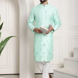 SOJANYA Men Sea Green Embroidered Mirror Work Kurta with Pyjamas-picture-38