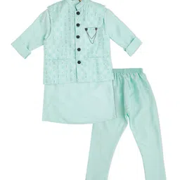 CAVIO Boys Floral Thread Work Kurta with Pyjamas With Nehru Jacket-picture-4