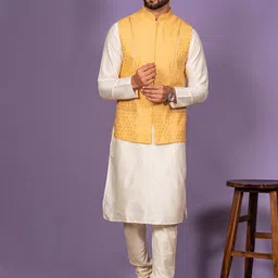 KISAH Men Yellow & Cream-Colored Kurta and Pyjamas With Nehru Jacket-15