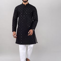 VILLAIN Geometric Embroidered Band Collar Mirror Work Straight Kurta with Pyjamas-image-33