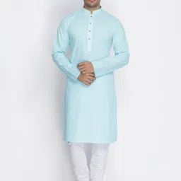 VASTRAMAY Men Blue & White Solid Regular Kurta with Churidar-image-6