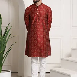 SOJANYA Men Maroon & Off-White Printed Kurta with Pyjamas-picture-2