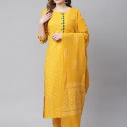 Sringam Women Yellow Floral Printed Kurta with Trousers & With Dupatta-picture-32
