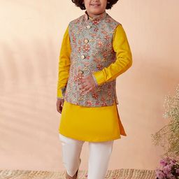 Manyavar Boys Mustard Yellow Floral Printed Kurta with Pyjamas & Nehru Jacket-image-57