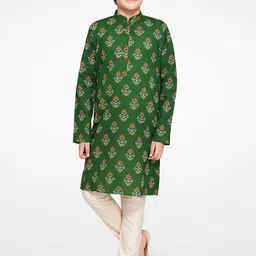 Jeetethnics Boys Green & Cream Ethnic Motifs Printed Kurta with Pyjamas-3