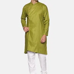 Sethukrishna Men Green Angrakha Pure Cotton Kurta with Pyjamas-image-99