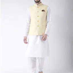 Hangup Men White & Yellow Layered Pure Cotton Kurta with Pyjamas & Nehru Jacket-image-30
