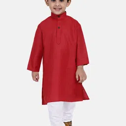 BownBee Boys Red & White Pure Cotton Kurta with Churidar-6