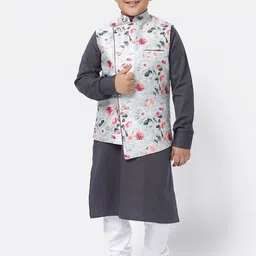 NAMASKAR Boys Grey & White Regular Pure Cotton Kurta with Churidar & With Nehru Jacket-picture-7