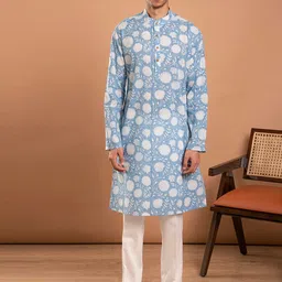 Aaheli Floral Block Printed Mandarin Collar Pure Cotton Straight Kurta with Pyjamas-picture-44