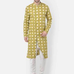 TABARD Men Green Angrakha Pure Cotton Printed Kurti with Pyjamas-image-95
