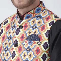 hangup plus Men Linen Kurta with Pyjamas and Printed Nehru jacket image 3