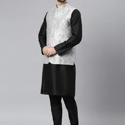 Hangup Men Black Regular Dupion Silk Kurta with Pyjamas & Nehru Jacket image 5