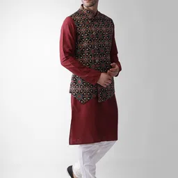 KISAH Men Geometric Printed Regular Kurta with Churidar & Jacket image 4