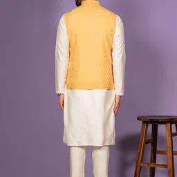 KISAH Men Yellow & Cream-Colored Kurta and Pyjamas With Nehru Jacket image 4