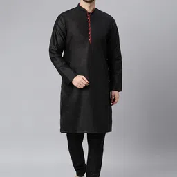 Hangup Men Black Regular Dupion Silk Kurta with Pyjamas & Nehru Jacket image 4