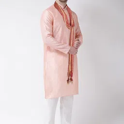 SG LEMAN Men Peach-Coloured Raw Silk Kurta with Pyjamas image 4