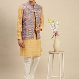 Sanwara Men Beige Printed Kurta with Pyjamas & Nehru Jacket-picture-48