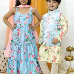 VASTRAMAY Boys Mandarin Collar Floral Printed Regular Kurta With Pyjamas-39