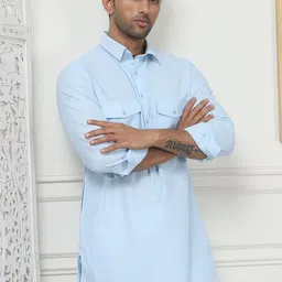 Anouk Shirt Collar Roll-Up Sleeves Pathani Kurta With Pyjamas-picture-20