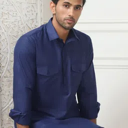 Anouk Navy Blue Shirt Collar Pathani Kurta with Pyjamas-picture-18