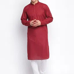 Sanwara Men Maroon Chikankari Patterned  Cotton Kurta with Churidar-picture-8