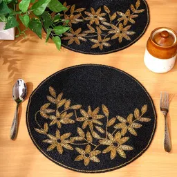 YWULY Black & Cream Colored 2 Pieces Floral Printed Beaded Table Placemats-19