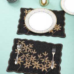 YWULY Black & Beige 2 Pieces Embellished Beaded Round Table Placemats-10