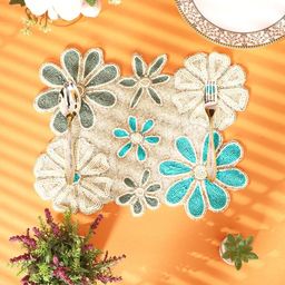 YWULY Cream Coloured & Blue Floral Embellished Beaded Round Table Placemats-30