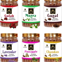 PREMIUM GULAB, MOGRA, CHANDAN, PINEAPPLE, LAVENDER & GUGAL DRY DHOOP INCENSE STICKS COMBO PACK OF 6 JAR FOR ROOM FRESHNESS, & YOGA MEDITATION-10
